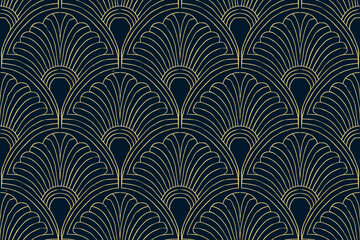 Seamless art deco fan pattern with gold lines on dark blue background