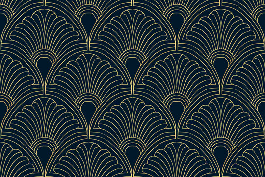 Seamless art deco fan pattern with gold lines on dark blue background