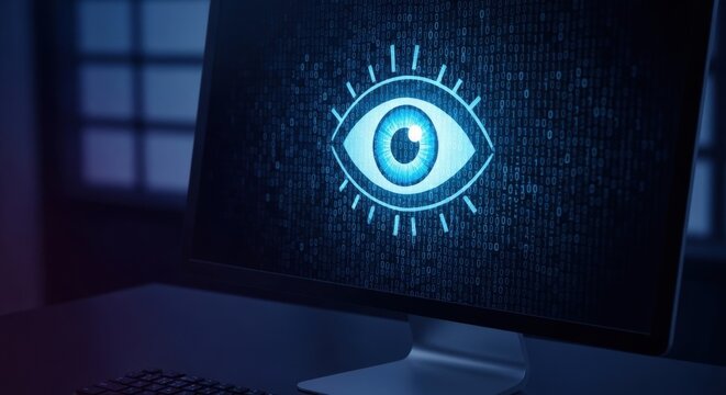 Eye icon on computer screen with binary code display. Concept of cyber surveillance and data monitoring for network security.