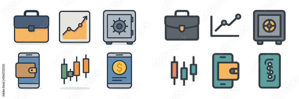 Poster Financial and business icons representing data analysis, security, and mobile transactions for digital finance