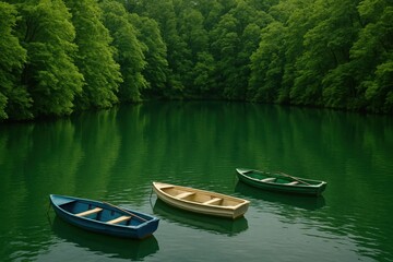 Three small boats floating on a lake surrounded by trees