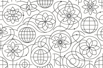 Seamless abstract pattern with floral orbs, grid circles, and swirling lines