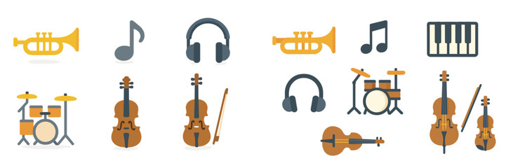 Colorful musical instruments and symbols arranged in a creative layout for an artistic display