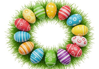 Festive easter eggs arranged in a circle on green grass