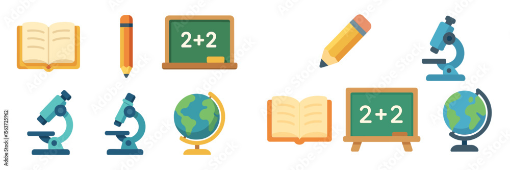 Poster Illustration of educational tools featuring books, globes, chalkboards, and microscopes in a colorful layout suitable for a classroom setting