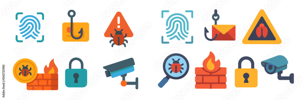Poster colorful security icons representing cybersecurity risks and protective measures in a digital enviro