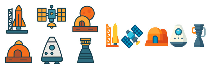 Fototapeta premium Various space exploration icons showcasing rockets, satellites, and extraterrestrial structures in a colorful design