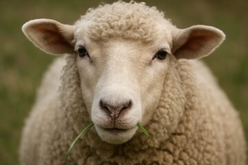 Fototapeta premium A close up of a sheep eating grass in a field