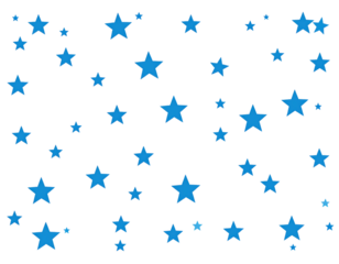 Scattered blue stars of varying sizes on a black background pattern isolated on transparent background