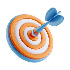 3D illustration of a blue dart centered on an orange and white target on transparent background PNG