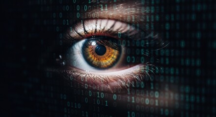A woman's eye with binary code overlay. Digital cyber surveillance and data privacy concept. Modern technology.