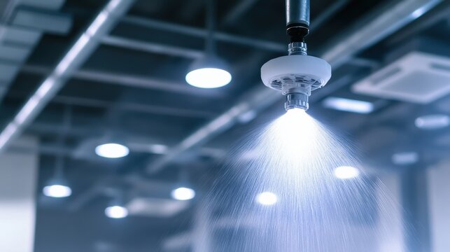 Modern Fire Sprinkler System with Water Spray in Indoor Space, Showcasing Advanced Safety Features and Efficient Design for Fire Prevention and Protection