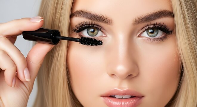 Close up of a beautiful blonde woman with green eyes applying black mascara to her long lashes with a wand for enhanced volume and length during makeup application