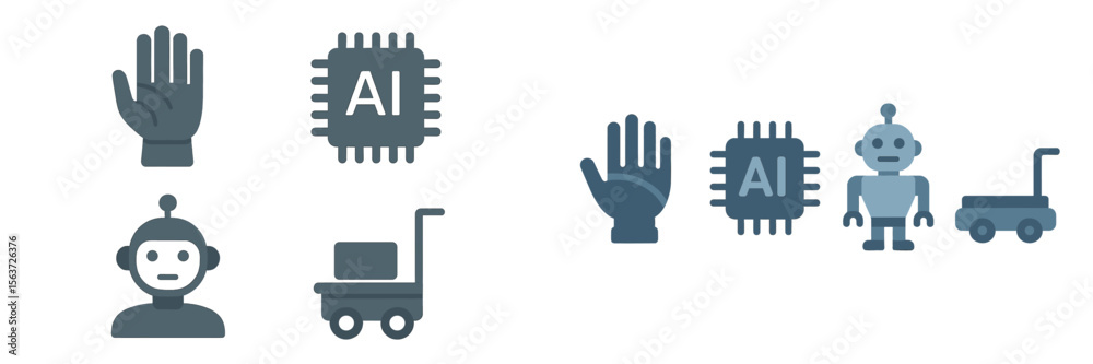 Poster icons representing artificial intelligence, robotics, and machine learning concepts in a modern digi