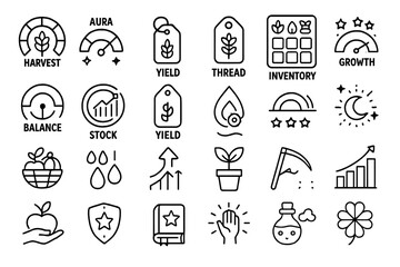 Dark-themed icon set with harvest, growth, and magical farming symbols