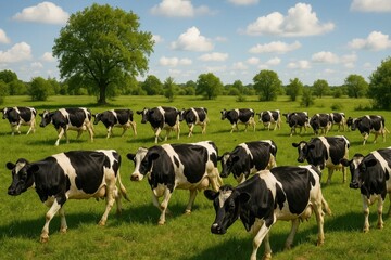 Fototapeta premium A herd of cows walking across a lush green field