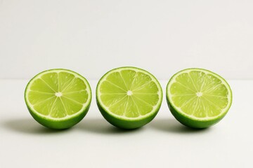Three limes cut in half on a white surface