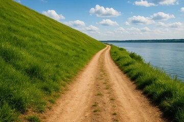 Fototapeta premium A dirt road in the middle of a grassy field next to a body of water