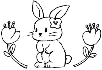 꽃 장식 토끼 라인 드로잉 스티커