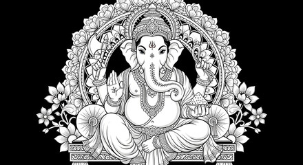 Obraz premium Intricate Ganesha Mandala: Black & White Line Art
