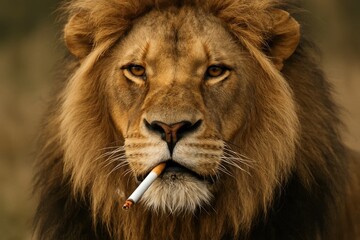 Fototapeta premium A lion with a cigarette in its mouth
