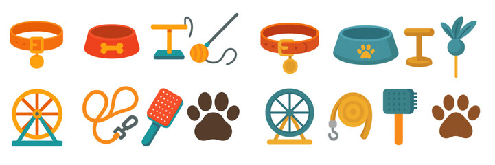 Pet accessory collection featuring collars, bowls, toys, leashes, and grooming tools arranged in colorful design
