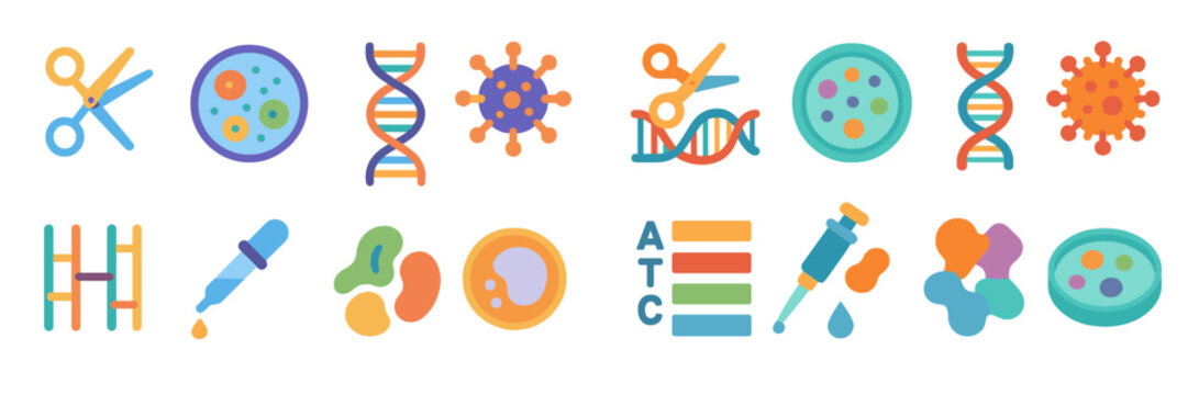 Colorful illustrations of scientific concepts and laboratory tools showcasing biology and genetics in a creative design for education