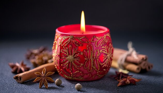 a lit red candle decorated with spices on a surface
