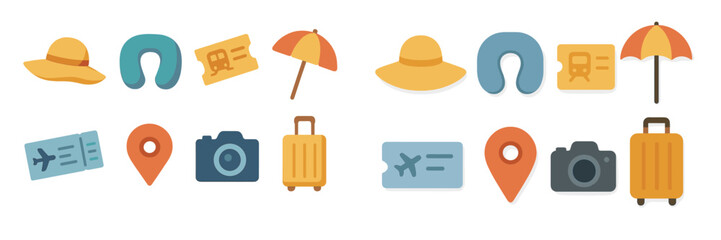 Travel essentials including hats, luggage, and travel tickets arranged in a colorful flat lay