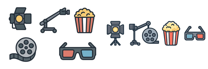 Film production symbols featuring cameras, popcorn, and 3D glasses commonly used in movie settings