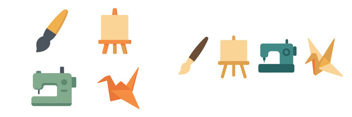 Creative activities involving crafting, drawing, and sewing tools laid out for artistic expression in a bright workspace