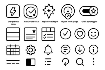 Bold black and white icon set for productivity and wellness apps