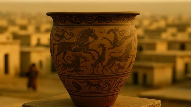 Ancient Ceramic Vase Stylized Horses Mythical Creatures