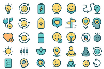 Gradient wellness and energy icons set in modern flat style