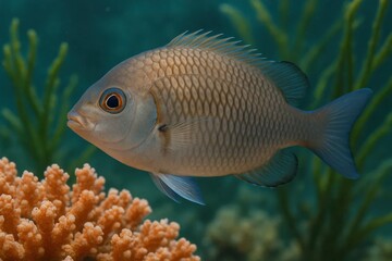 A fish that is swimming in the water near some coral