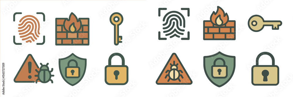 Poster Digital security icons representing cybersecurity themes, including fingerprint recognition, firewalls, keys, and shields