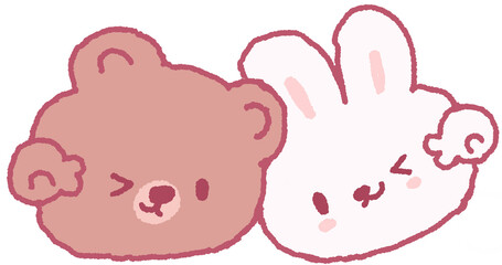 사진 촬영 포즈를 취하는 곰돌이와 토끼 캐릭터 일러스트