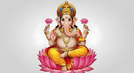 Fototapeta premium Lord Ganesha: Hindu God, Golden Ornamentation, Pink Lotus