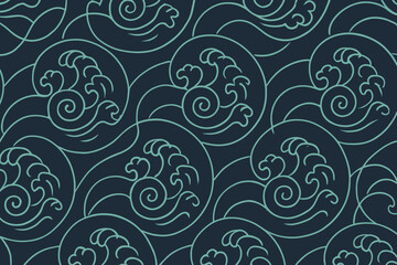 Seamless stylized ocean wave pattern in dark blue and teal
