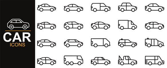 Set of car illustrations in minimalistic line art, ideal for web design or automotive branding.