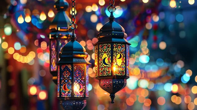 illuminated lanterns glowing in soft light during celebration of kurban bayram creating festive spiritual atmosphere with traditional design elements concept of islamic holiday cultural event design i