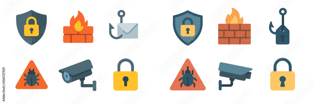 Aufkleber security symbols representing cybersecurity concepts including firewalls, surveillance, and malware 