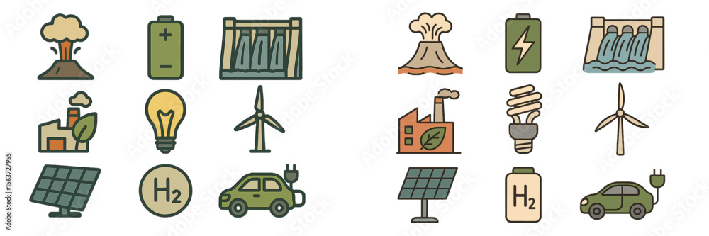 Aufkleber energy symbols and illustrations showcasing renewable sources and environmental concerns across vari