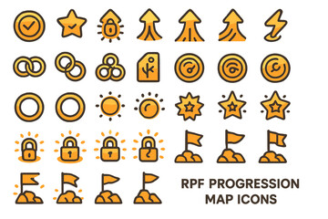 Orange and black RPG progression map icons with stars, locks, flags, and arrows