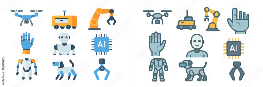 Poster collection of robotic and artificial intelligence icons showcasing various technologies and advancem
