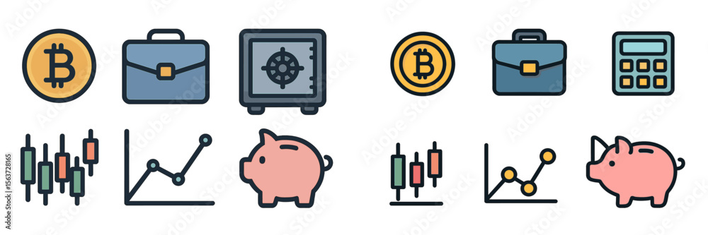 Poster Cryptocurrency icons showcasing investment concepts in a digital finance theme with various symbols and graphics