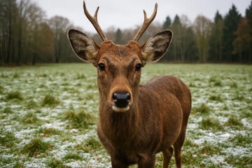 Fototapeta premium A deer standing in a field of snow covered grass