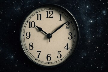 A clock with a black background and stars in the sky