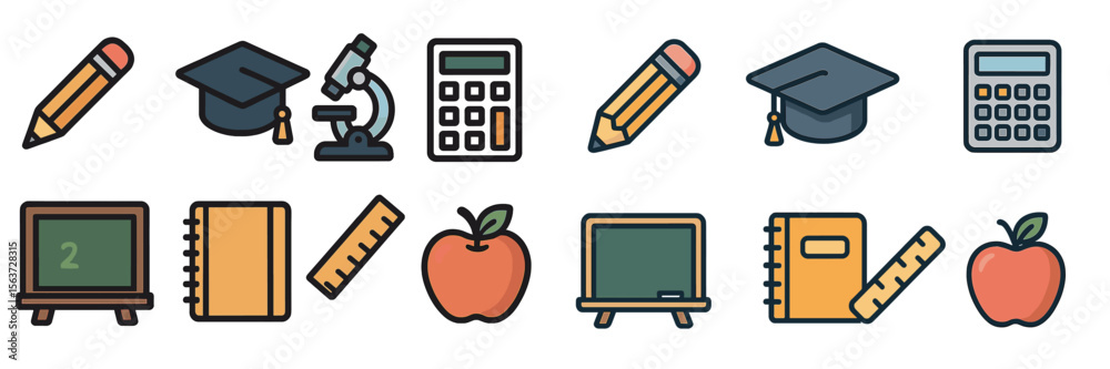 Poster Collection of educational icons representing various academic tools and symbols commonly used in schools