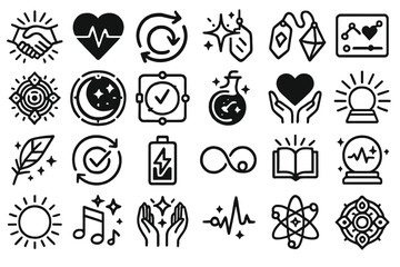Fototapeta premium Set of black outline icons featuring love, magic, science, and energy.